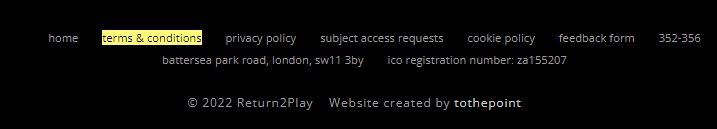 Return2Play website footer with Terms and Conditions link highlighted