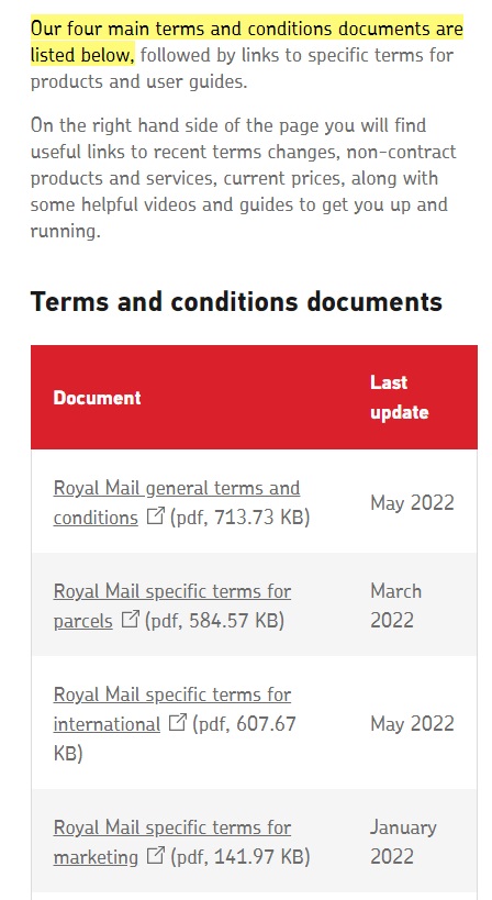 Royal Mail Terms and Conditions Documents links list
