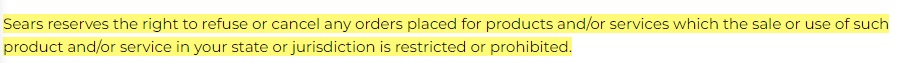 Sears Terms of Use: Reserve the right to refuse or cancel orders section