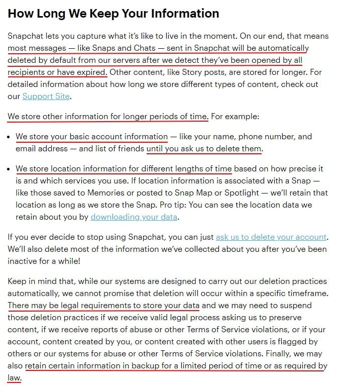 Snap Privacy Policy: How Long We Keep Your Information clause