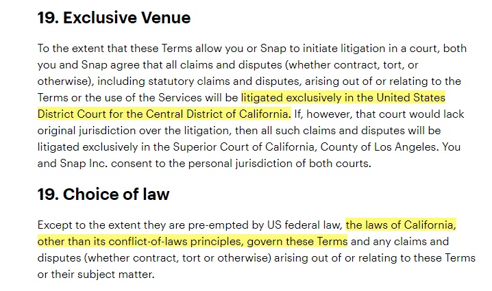 Snap Terms of Service: Exclusive Venue and Choice of Law clauses