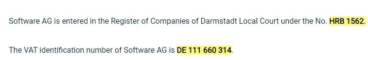 SoftwareAG Impressum: Business and VAT Identification numbers section