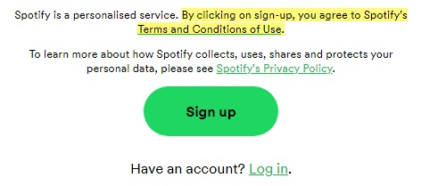 Spotify sign-up form with Agree to Terms and Conditions of Use highlighted