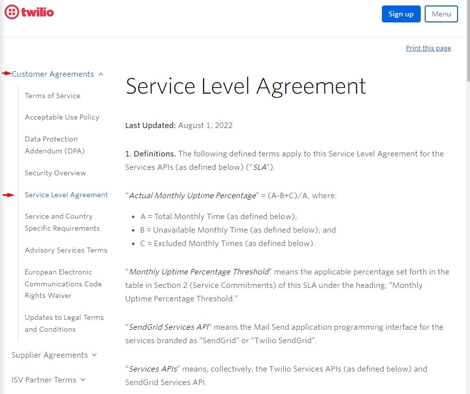 Twilio Customer Agreements page with SLA displayed