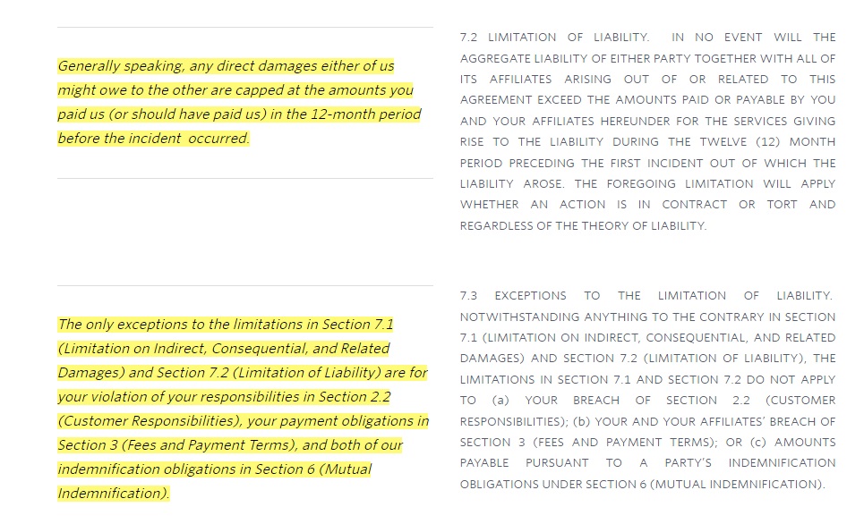 Twilio Terms of Service: Limitation of Liability and Exceptions clauses