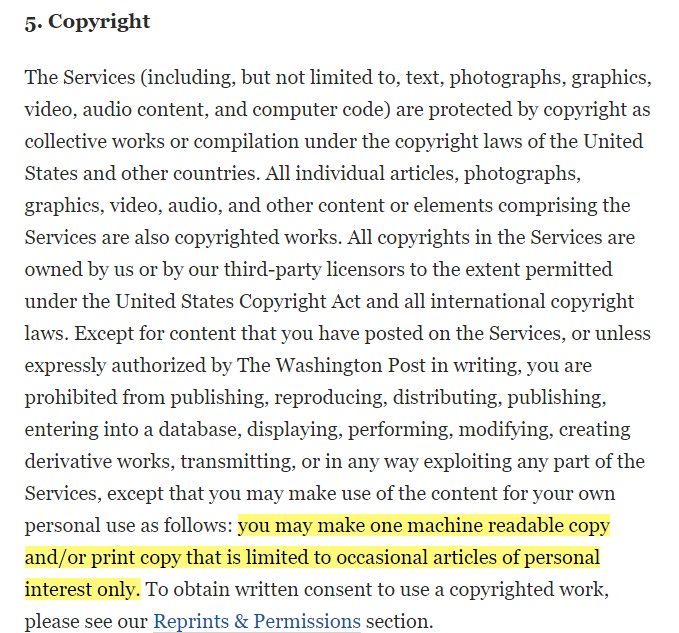 Washington Post Terms of Service: Copyright clause