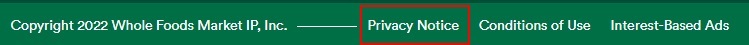Whole Foods Market website footer with Privacy Notice link highlighted