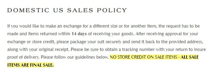 Abysse Return and Exchange Policy: Domestic US Sales Policy clause with Sale Items are Final Sale section highlighted