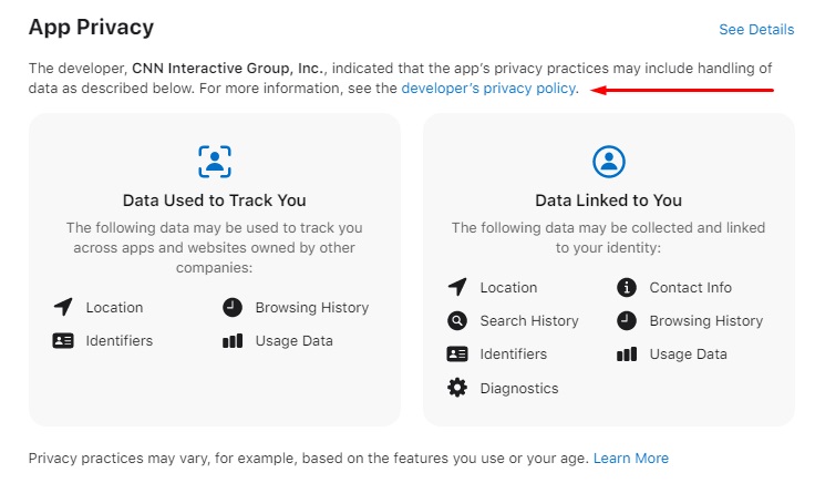 Apple App Store listing for CNN: App Privacy section with Privacy Policy link highlighted