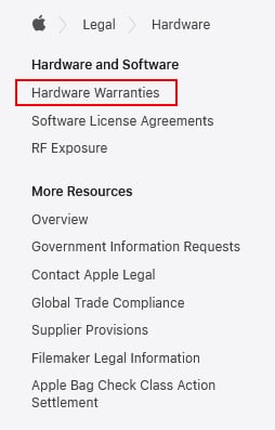 Apple website footer with Hardware Warranties link highlighted