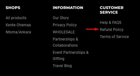 Ashanti Swimwear website footer with Refund Policy link highlighted