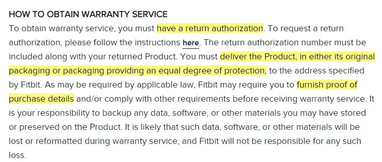 Fitbit Warranty Policy: How to Obtain Warranty Service clause