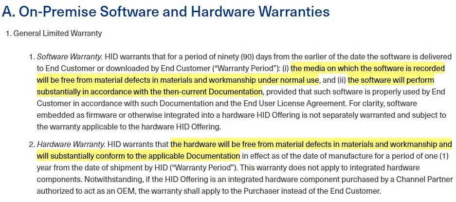 HID Warranty Policy: On-Premise Software and Hardware Warranties clause excerpt