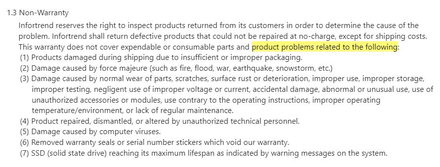 Infortrend Warranty Terms and Conditions: Non-Warranty clause