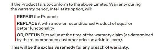 Intel Boxed Processors Limited Warranty: If product fails to conform section