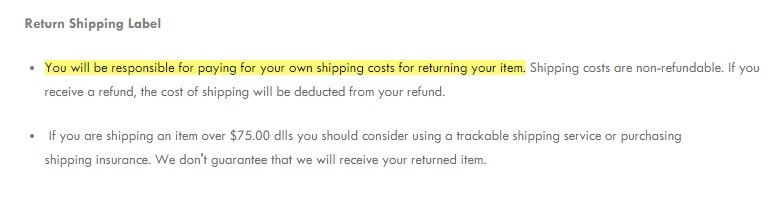 ME BOUTIQUE All Sales Final Policy: Return Shipping Label clause