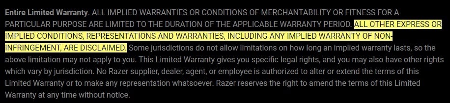 Razer Warranty Policy: Entire Limited Warranty clause