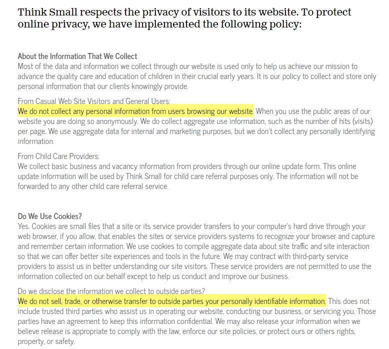 Think Small Privacy Policy excerpt