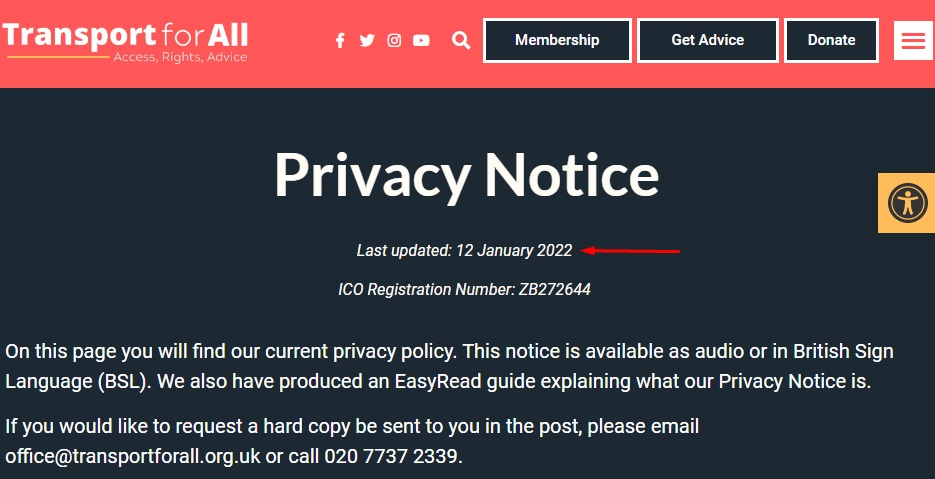 Transport for All Privacy Notice with Last updated date highlighted