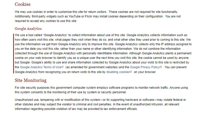 USA House of Representatives Privacy Policy: Cookies clause with Google Analytics section highlighted
