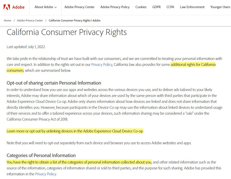 Adobe California Consumer Privacy Rights excerpt