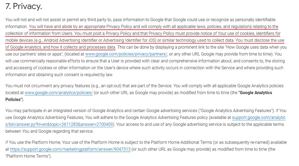 Google Analytics Terms of Service: Privacy clause