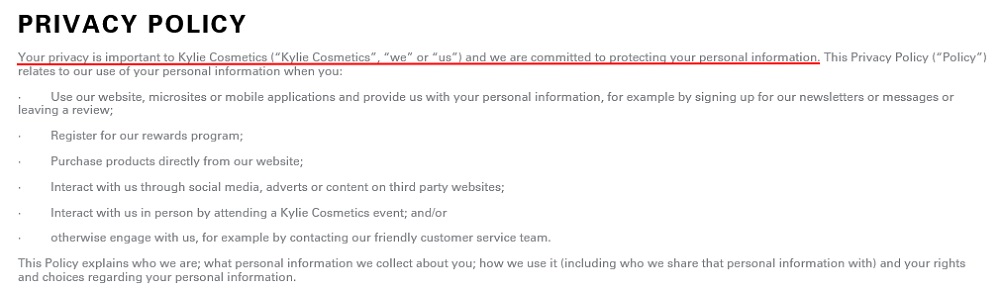 Kylie Cosmetics Privacy Policy: Intro clause