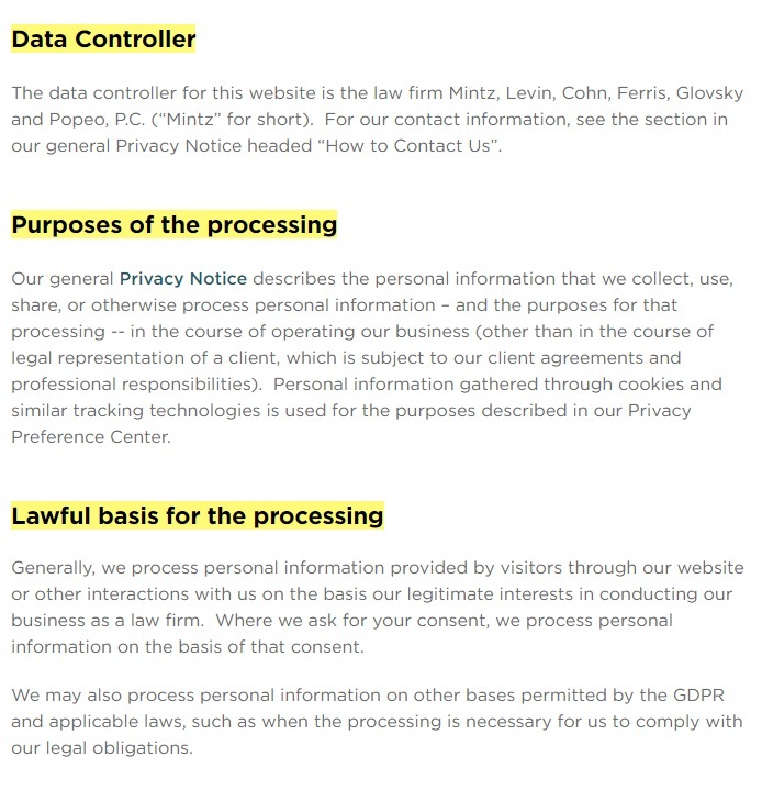 Mintz GDPR Privacy Notice excerpt