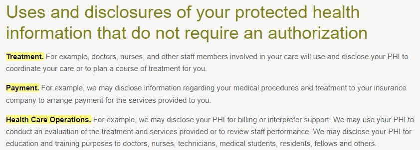 Penn Medicine HIPAA Notice of Privacy Practices: Uses and disclosures of your protected health information that do not require an authorization clause excerpt