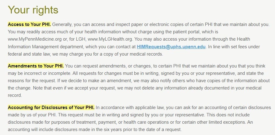 Penn Medicine HIPAA Notice of Privacy Practices: Your rights clause excerpt