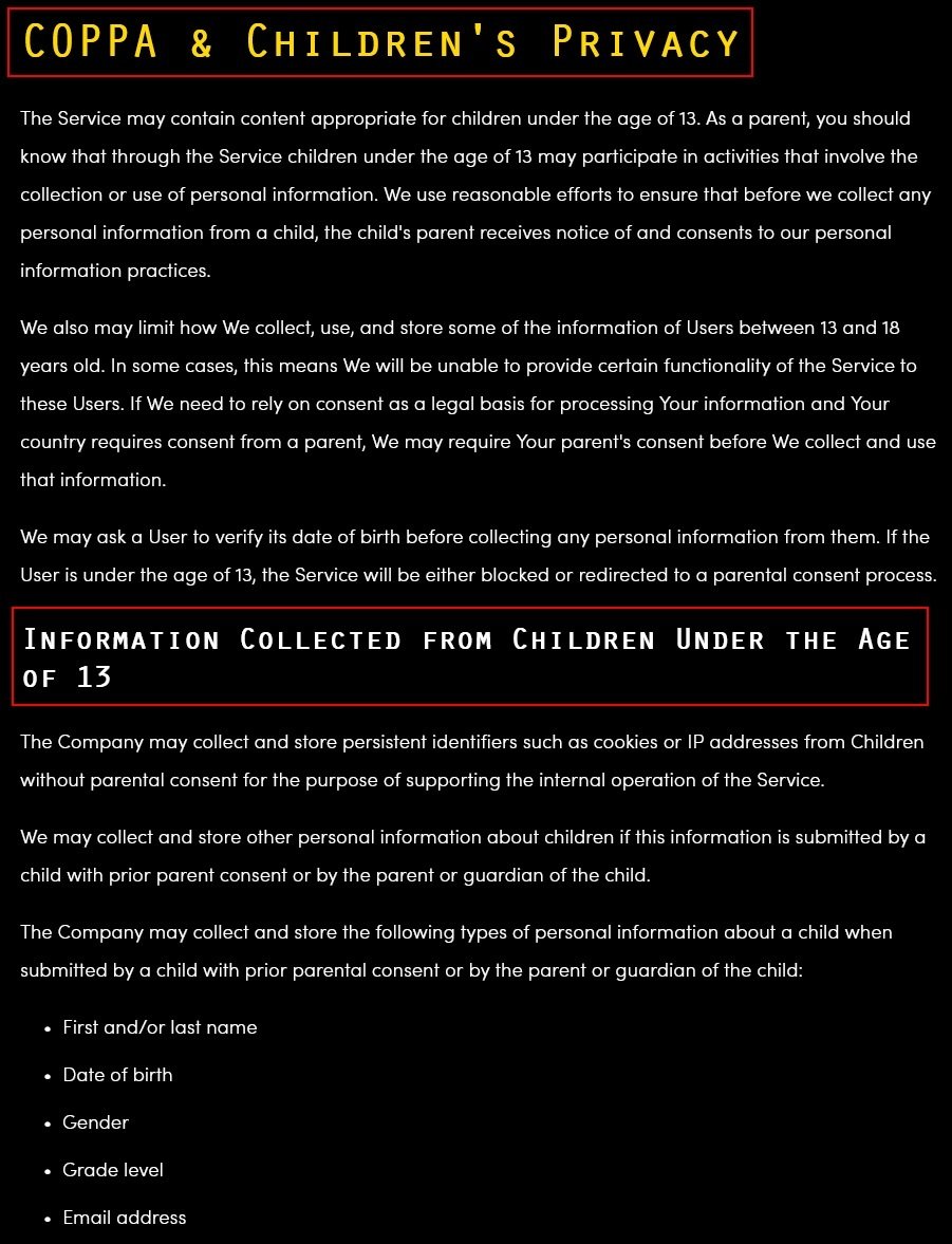 Rocket Club Privacy Policy: COPPA and Children's Policy clause excerpt