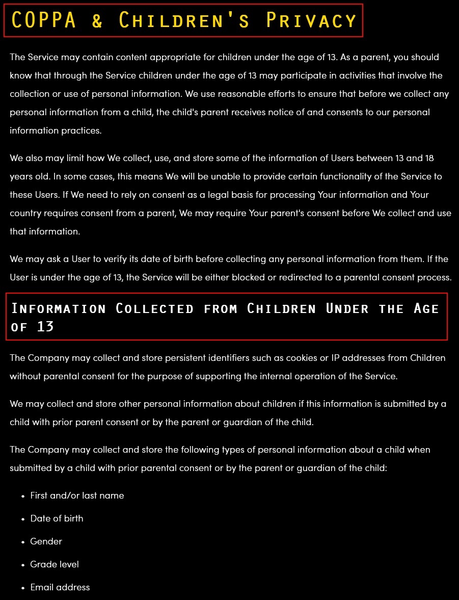 Rocket Club Privacy Policy: COPPA and Children's Policy clause excerpt