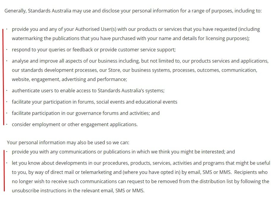 Standards Australia Privacy Policy: How we use and disclose personal information clause