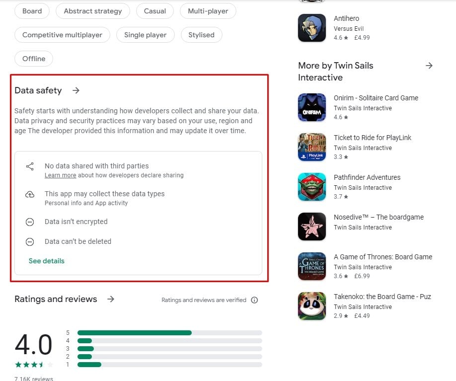 Transforming Mars Google Play store listing with Data Safety section highlighted