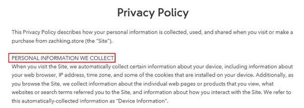 Zach King Privacy Policy: Personal Information We Collect clause excerpt