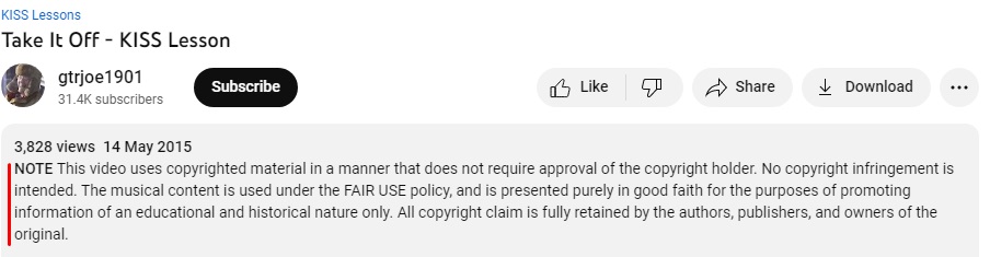 grtgoe1901 YouTube channel video description with fair use disclaimer
