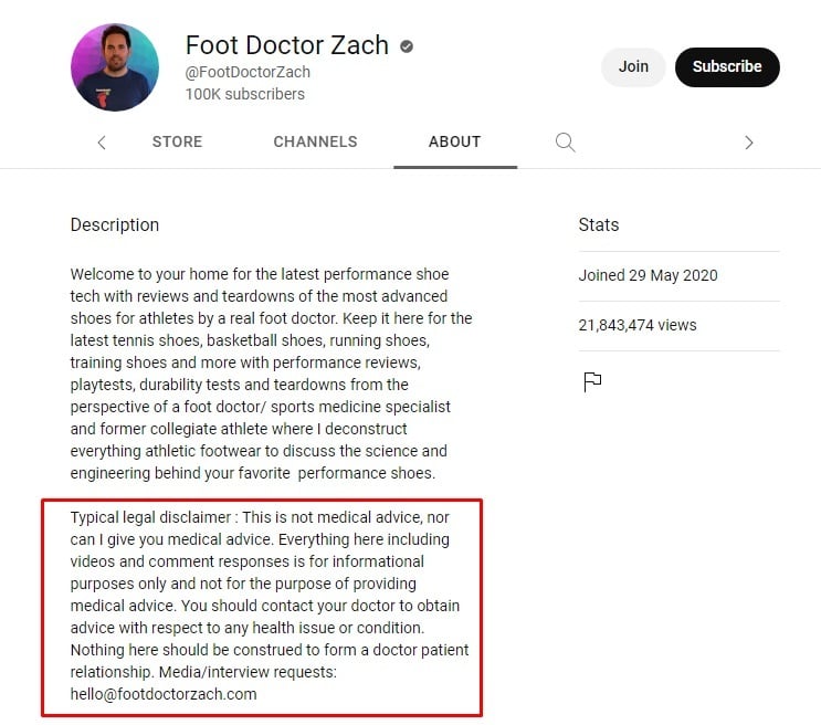 Foot Doctor Zach YouTube channel About menu with Legal Disclaimer highlighted