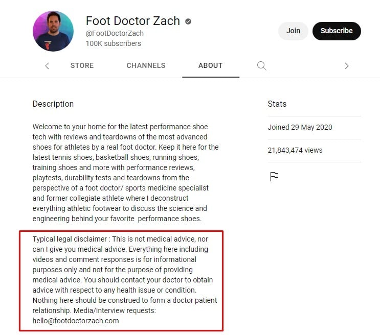 Foot Doctor Zach YouTube channel About menu with Legal Disclaimer highlighted