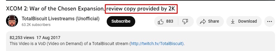 TotalBiscuit YouTube channel with review copy provided disclaimer