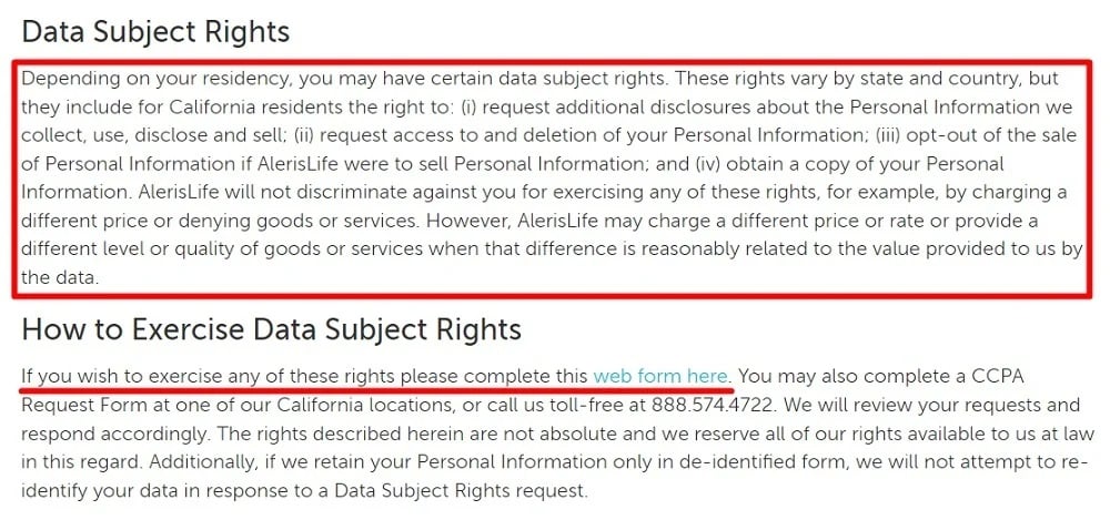 AlerisLife California Privacy Policy: Data Subject Rights and How to Exercise Data Subject Rights clauses
