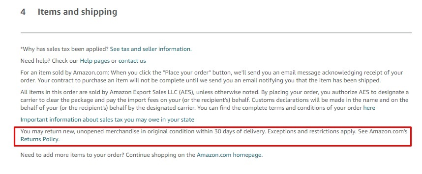 Amazon checkout page: Items and Shipping section - Returns Policy excerpt