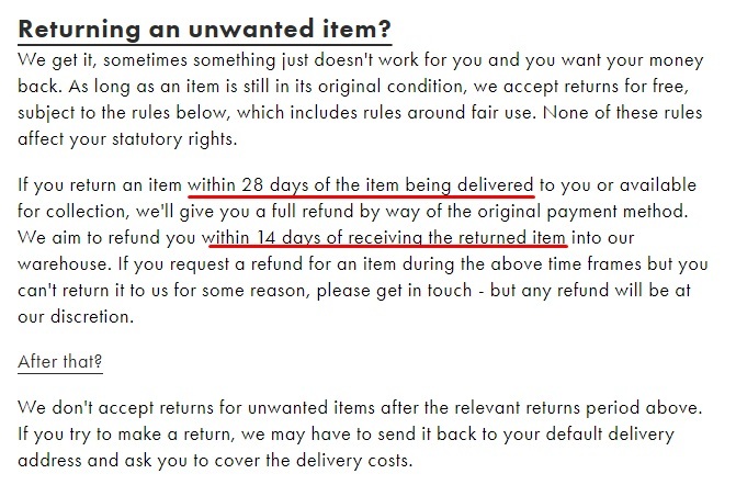 ASOS Returns Policy: Unwanted Item section