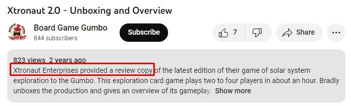 Board Game Gumbo YouTube channel About text with free product provided disclaimer highlighted