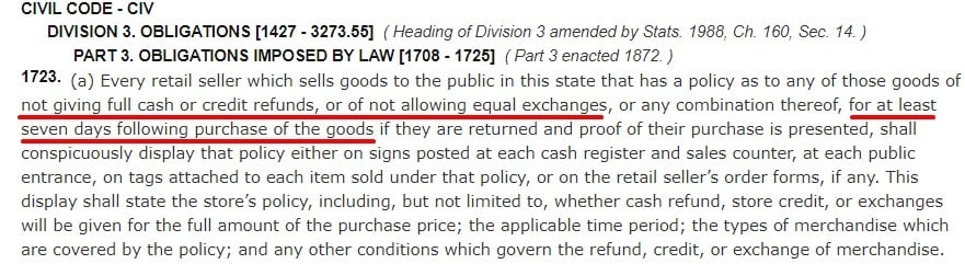 California Civil Code Part 3 Section 1723: Obligations imposed by law - Refunds and exchanges