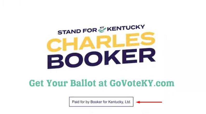 Charles Booker political ad with disclaimer highlighted