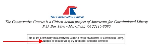 Conservative Caucus ad with disclaimer highlighted