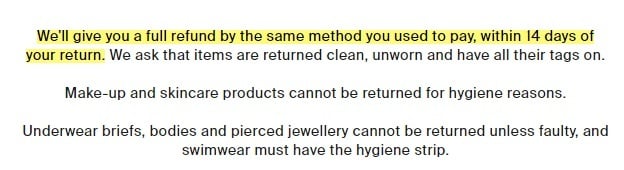 COS Returns and Refunds Policy: 14 day section highlighted