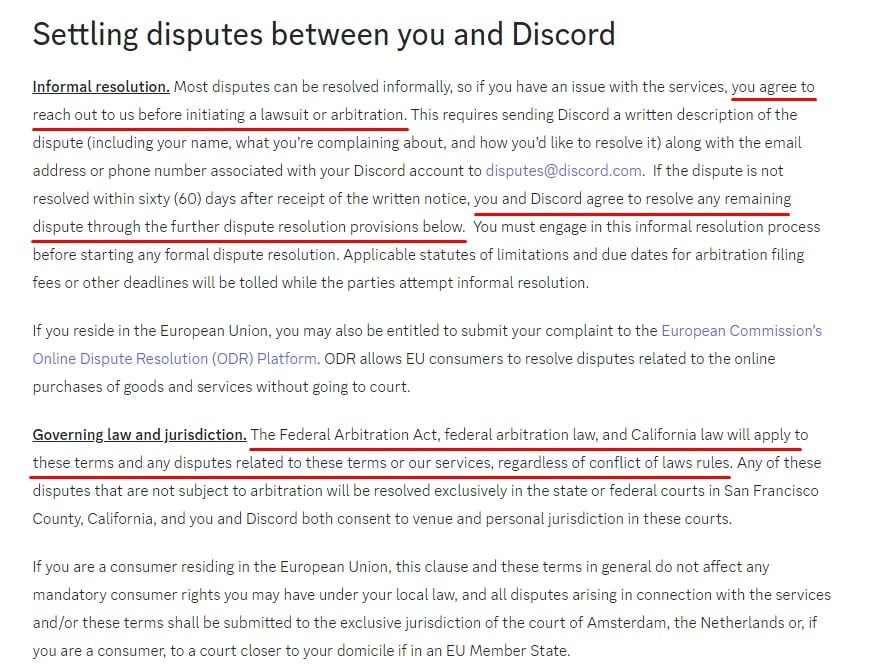 Discord Terms of Service: Settling Disputes section