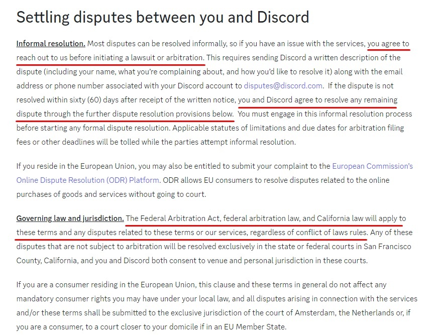 Discord Terms of Service: Settling Disputes section