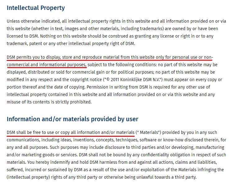 DSM Terms of Use: Intellectual Property and Information and or Materials Provided by User clauses